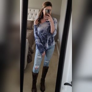 Fantastic Fawn Blue Tie Dye Waffle Knit 3/4 Sleeve Flowy Top Size Small